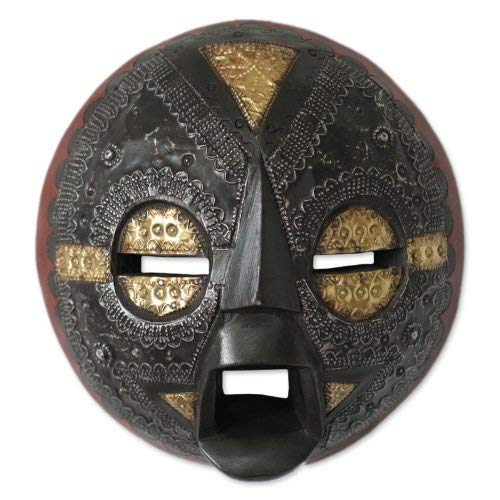 NOVICA Handcrafted Ghanaian Wood Wall Mask with Aluminum and Brass Accents, Beautiful Soul'