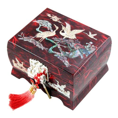Mother of Pearl Musical Bird Design Wooden Girls Jewelry Mirror Trinket Keepsake Treasure Gift Music Asian Lacquer Box Case Chest Organizer with Crane and Pine Tree in Red Mulberry Paper