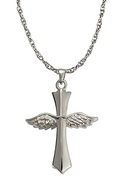 Cremation Memorial Jewelry: Sterling Silver Winged Cross + Text Engraving