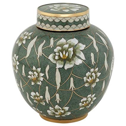 Silverlight Urns Pear Blossom Cloisonne Urn, Metal Urn with Green Enameled Decoration, Adult Sized Cremation Urn for Ashes, 9.5 inches high