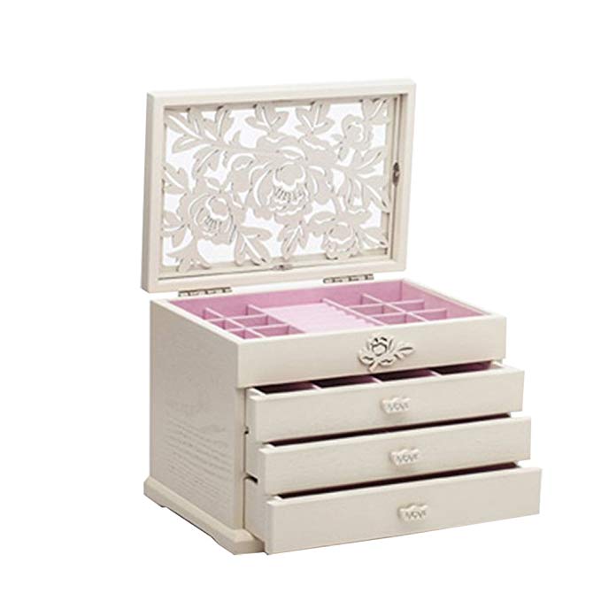 Peony Carved 4 Layer Wooden Jewelry Box White