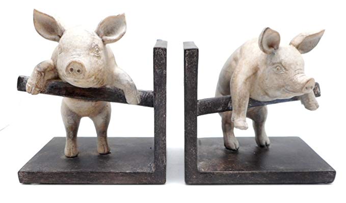 DCI Pig Bookend Set of Two Pig Pair Climbing Fence Resin Decorative Bookends Vintage Farm Animals