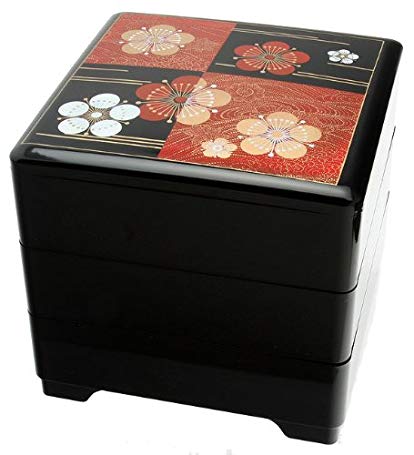 Kotobuki 3-Tiered Jubako Lacquer Box, Black with Gold and Red Cherry Blossoms