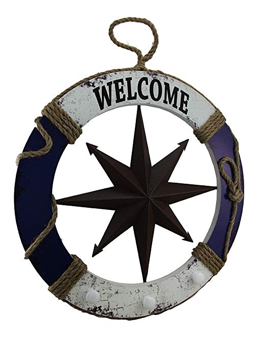 Zeckos Wood & Metal Wall Sculptures 24 Inch Diameter Wood and Metal Nautical Life Ring Welcome Sign 23.5 X 23.5 X 1 Inches Blue