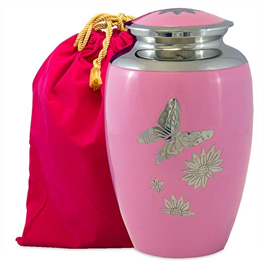 Pink Butterfly Lovely Adult Cremation Urn For Human Ashes - This Large Pink Urn Is Adorned With Butterfly's - It's Simple Design Brings Comfort While Protecting Your Loved Ones Remains- w Velvet Bag
