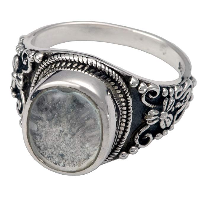 Cremation Memorial Jewelry: Sterling Silver Glass Front Ring-Size 9