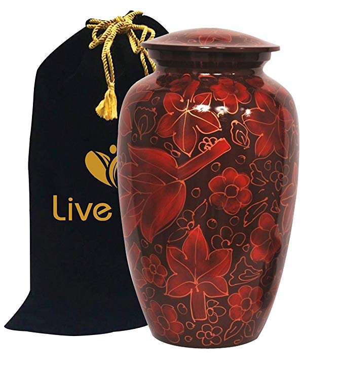 Floral Crimson Cremation Urn for Human Ashes - Adult Funeral Urn Handcrafted - Affordable Urn for Ashes - Large Urn Deal