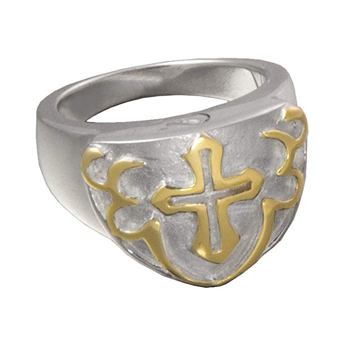 Cremation Memorial Jewelry: Sterling Silver And Gold Plated Men's Cross Ring-Size 9