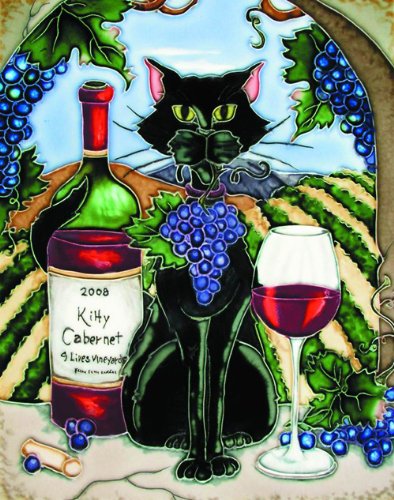 Black Cat with Cabernet and Vineyard Background - Decorative Ceramic Art Tile - 11