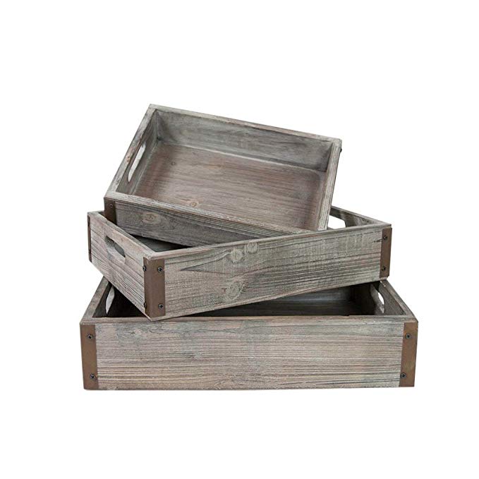 Wood Serving Trays, Rectangle Wood with Metal Corners, 13 - 17 inches, Metal Corners, Industrial, Rustic, Wedding, Event, Holiday, Party, Venue, Home Décor, (Set of 3)