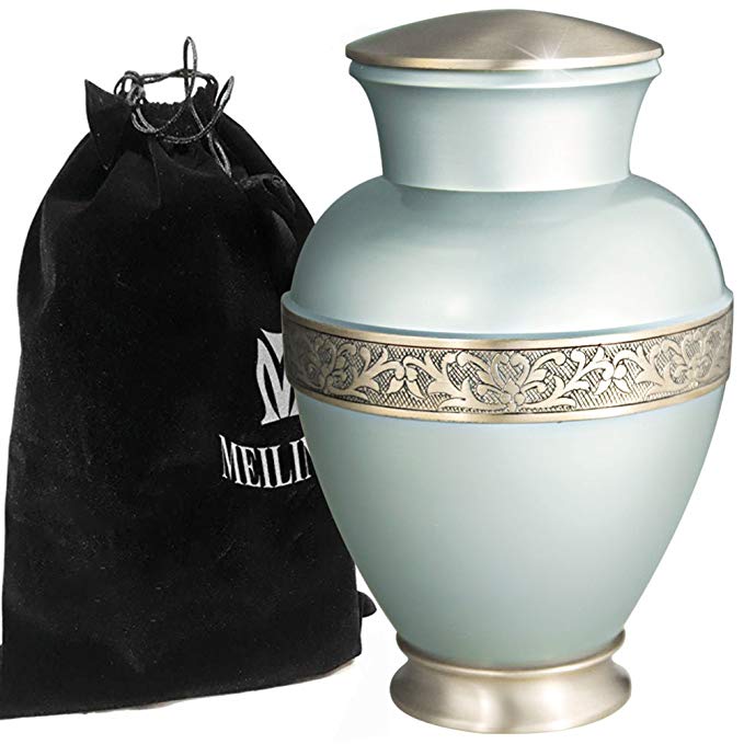 MEILINXU Funeral Urn Ashes - Cremation Urns Human Ashes Adults Keepsake Urns - Design is Hand Engraved in Brass - Display Burial Urns at Home in Niche at Columbarium (Elsene Pale Blue Urn