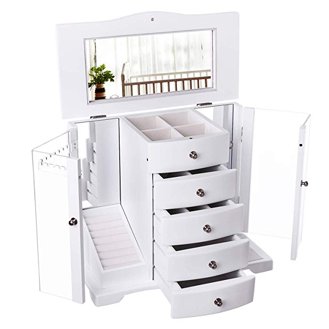 SONGMICS Wooden Jewelry Box Large Organizer with Clear Acrylic Doors and 4 Drawers,Gift for Mom, White UJOW57W