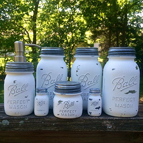 White Mason Jar Canister Set, White Kitchen Canister Set with Soap Dispenser, Vintage Ball Perfect Mason Jars, Rustic White Farmhouse Decor