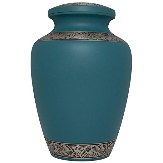 Funeral Urn by Liliane - Cremation Urn for Human Ashes - Hand Made in Brass and with Beautiful Hand Enameled with Engraved Pewter Bands (Blue)