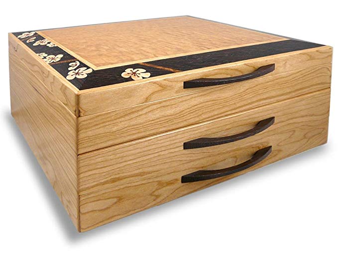 American Made Heartwood Cherry Blossom Wood Marquetry Jewelry Box with 2 drawers