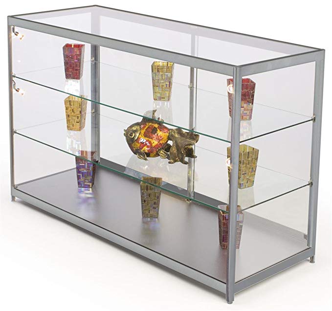 Displays2go Tempered Glass And Silver Aluminum Frame Retail Showcase With 2 Adjustable Shelves And 4 Halogen Lights, 60 x 38 x 23-3/4-Inch