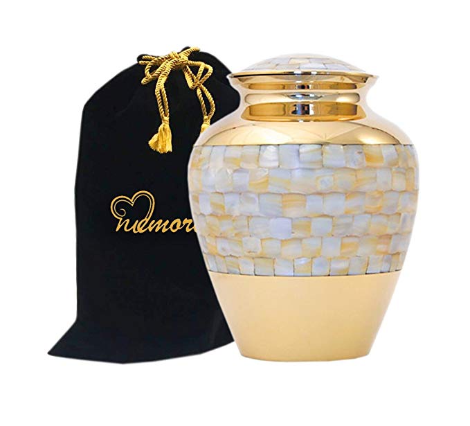 MEMORIALS 4U Elite Mother of Pearl Cremation Urn - Large Mother of Pearl Urn for Human Ashes - Solid Brass 100% Handcrafted Mother of Pearl Adult Funeral Urn with Free Bag