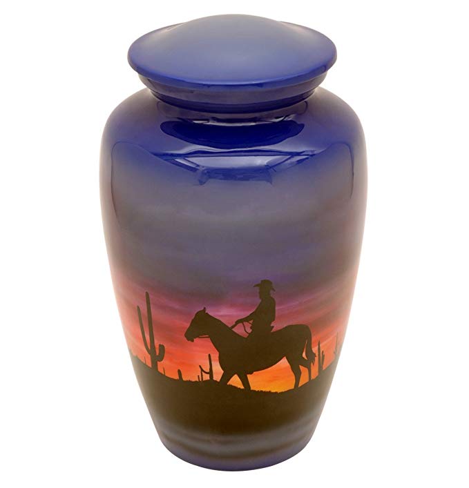 Liveurns Hand painted Metal Cremation Urn - Adult Urn - Solid Metal Funeral Urn - Handcrafted Adult Funeral Urn for Ashes - Great Urn Deal (Cowboy Farewell)