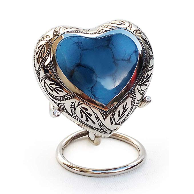 Mystic Blue Small Heart Keepsake Urn for Human Ashes, Funeral Leaf Urns