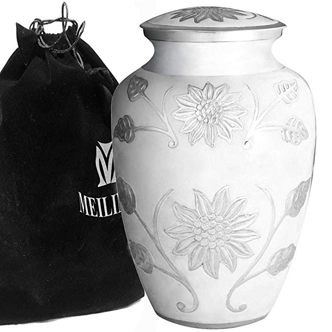MEILINXU Funeral Urn Cremation Urns for Human Ashes Adult and Memorial - Hand Made in Brass and Hand Engraved - Display Burial Urns at Home or in Niche at Columbarium (Rosedale White, Large Urn)