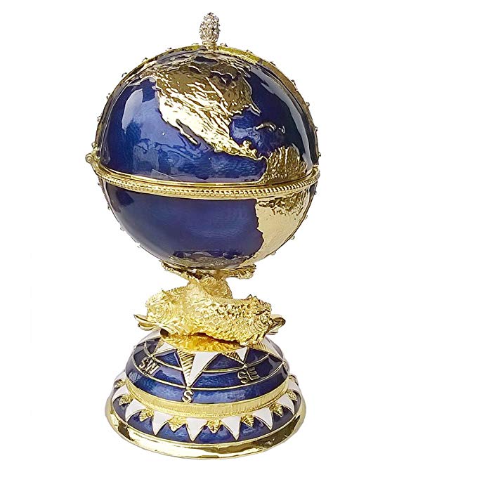 Minihouse Hand Painted Hinged Globe Faberge Egg Trinket Box Enameled Easter Egg