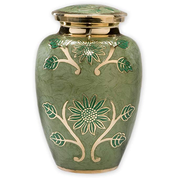 Beautiful Life Urns Green Garden Adult Cremation Urn - Exquisite Brass Funeral Urn Etched with Gold Flowers (Large)