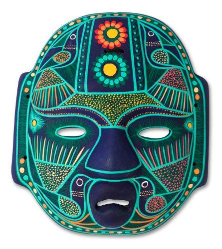 NOVICA Green and Blue Hand Painted Ceramic Wall Mask, Jade Olmec Lord'