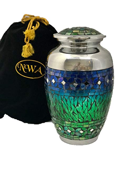 NWA Medium Size Blue Green Mosaic Funeral Cremation Urn for Pets or Humans