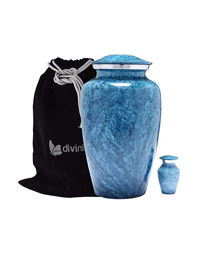 Divinityurns Blue Marble Finish Cremation Urn Set - Blue Urn - Affordable Handcrafted Adult Funeral Urn for Ashes - Large Urn with Free Keepsake Deal