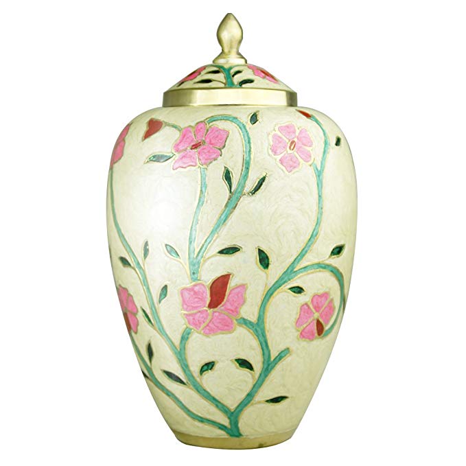 Meilinxu Cremation Urn for Human Ashes Adult Large and Memorial - Hand Made in Brass- Hand-Painted- Display Burial Urns At Home or in Niche at Columbarium (Cherry Blossoms Pink, Funeral Urns for Ashes