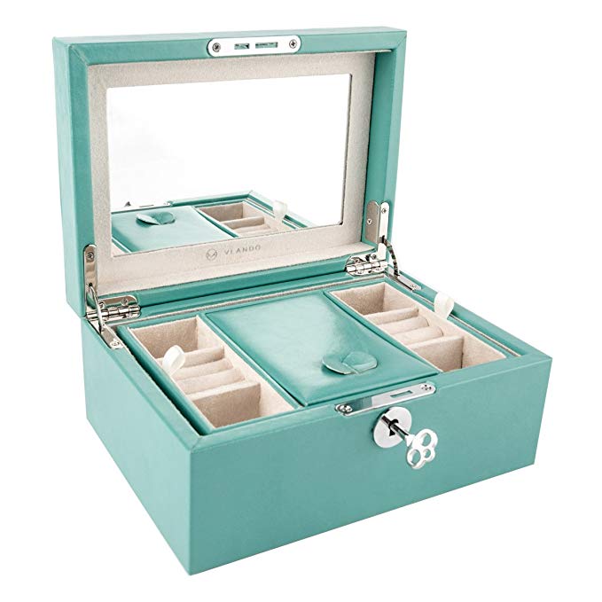 Vlando Retro Lockable Wooden Jewelry Box Organizer w/Large Mirror & Key - Microfiber PU Leather Case - Best Gifts for Women Girls - Peacock Green