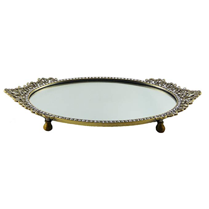 Elegant and Enchanting Antique Gold Asian/Victorian Design Oval Mirror Vanity Tray Embellished with Genuine Austrian Crystals