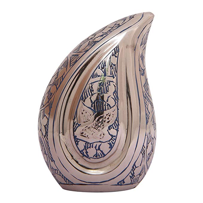 Doves Going Home Blue Teardrop Small Keepsake Urn Ashes, Low Price Funeral Urns