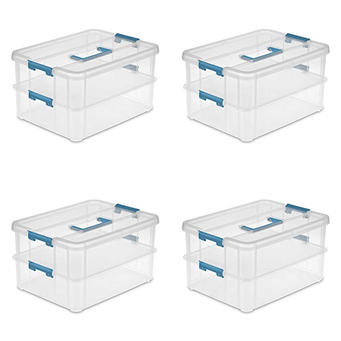 Sterilite 14228604 Stack & Carry 2 Layer Handle Box, Clear with Blue Aquarium Handle and Latches, 4-Pack