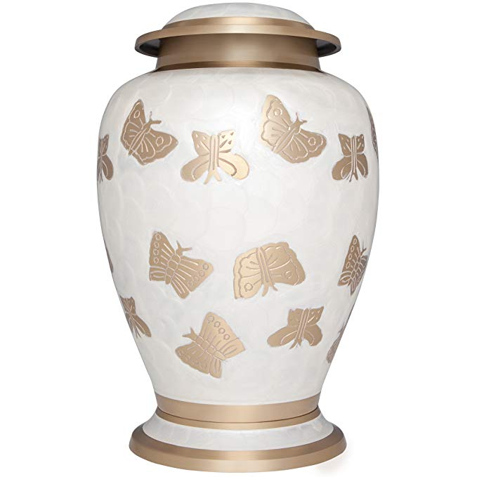 Liliane Memorials White Funeral Cremation Urn with Gold Butterflies; Mariposas Model in Brass for Human Ashes; Suitable for Cemetery Burial; Fits Remains of Adults up to 200 lbs, Large