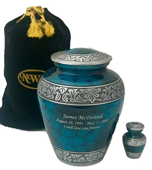 Custom Cremation Urn, Adult Human Memorial Urn with Personalization, Keepsake and Velvet Bag