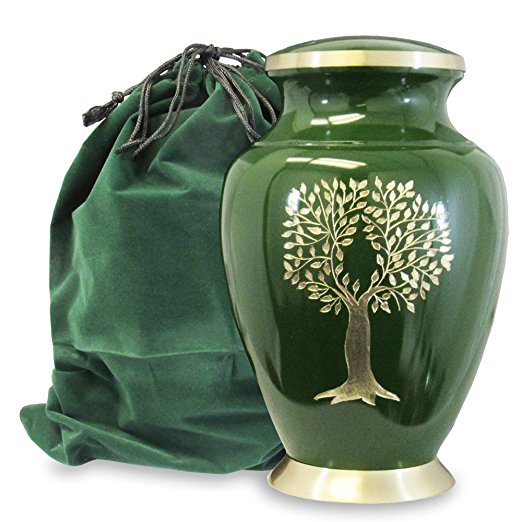 Tree of Life Classy Adult Green Urn For Human Ashes - Beautiful, Classic Green and Gold Large Urn Honors Your Loved One - Find Comfort and Peace With This Quality and Thoughtful Urn - with Velvet Bag