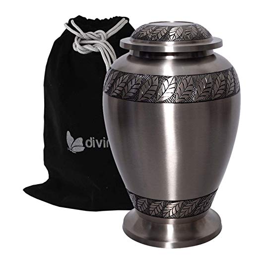 Dignity Leaf Cremation Urn - Solid Brass Large Pewter Urn - 100% Handcrafted Adult Funeral Urn - Large Urn with Free Bag (Pewter)