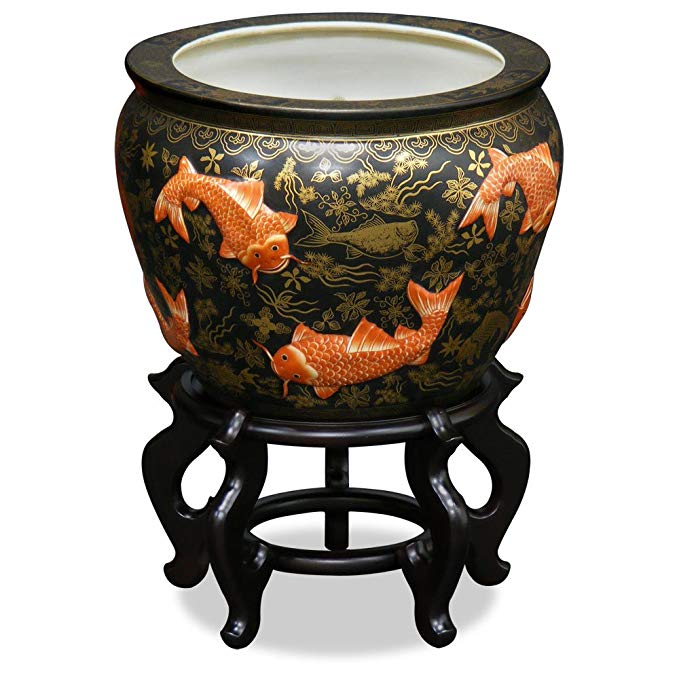 ChinaFurnitureOnline Porcelain Fishbowl, 12 Inches Hand Painted Orange Chinese Koi Fish Planter Black