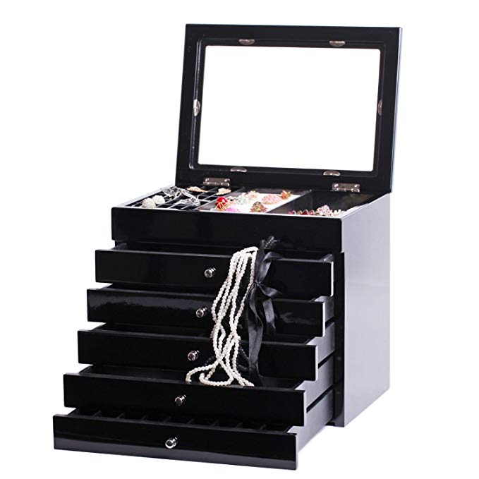 Rowling High Gloss Wooden Jewellery Box Armoire Bracelet Organizer 6 Layers Glass (BLACK 2)