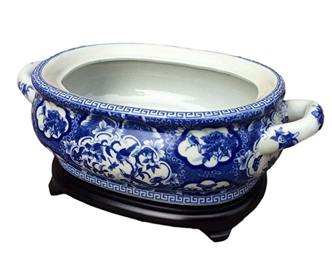 Asian Caravan Blue and White Bird and Flower Porcelain Footbath with Base