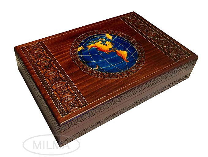 PolishArt Large World Map Handmade Wood Box for Men to Keep Jewelry and Keepsakes on Desk or Dresser