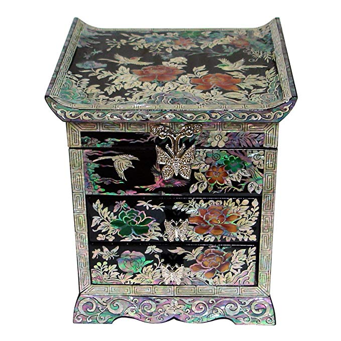 Mother of Pearl Peony Flower Bird Black Lacquer Wood Drawer Jewelry Trinket Keepsake Treasure Chest Box