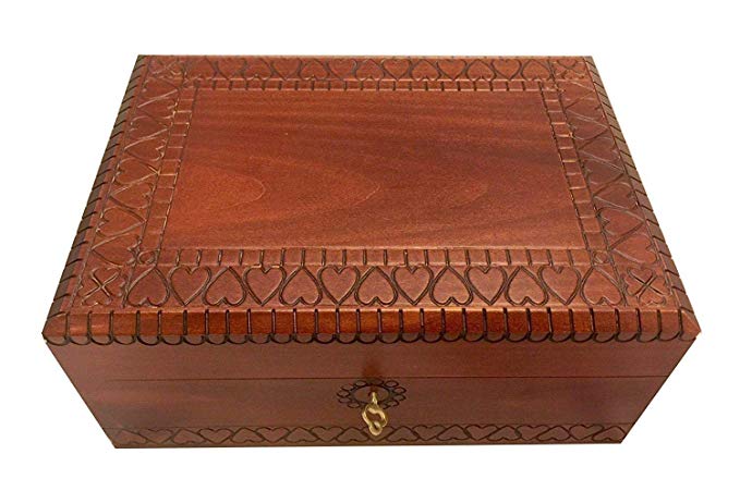 MilmaArtGift Extra Large Wooden Box with Lock and Key Polish Handmade Linden Wood Hearts Design Keepsake Jewelry Box Love Letters Box