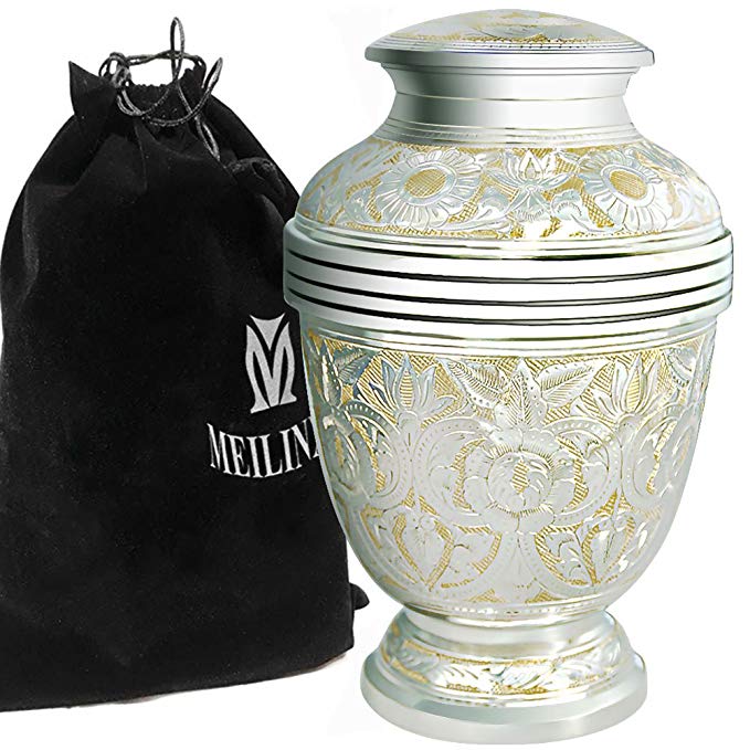 Cremation Urn Adult Ashes - Funeral Urn for Human Ashes Adult and Memorial - Hand Made in Brass/Hand Engraved - Display Burial Urn At Home or in Niche at Columbarium (Silvery Shine, Large keepsake Urn
