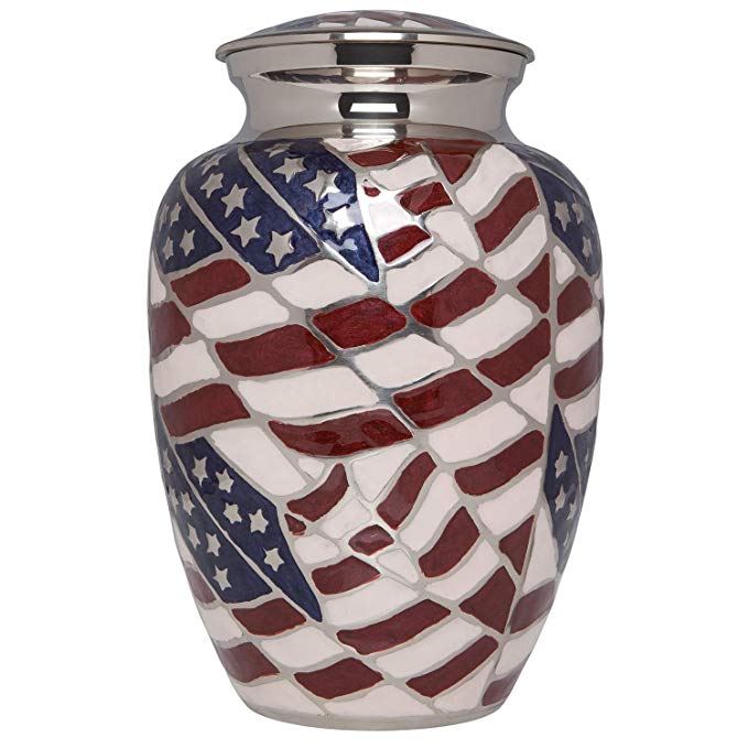 Ansons Urns Cremation Urn - Funeral Urn for Human Ashes - Large Adult Size Burial Urn - 100% Brass - Silver American Flag Patriotic Hero