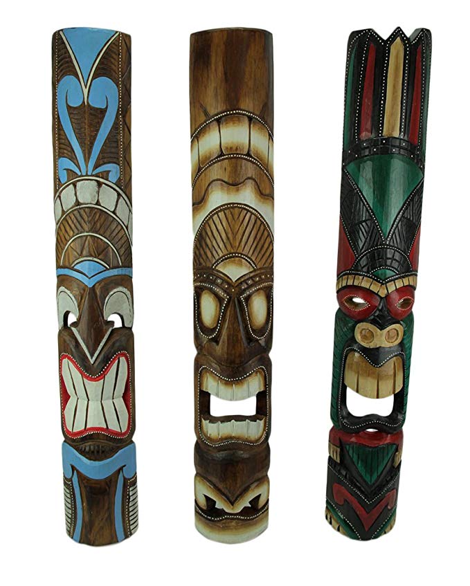 Polynesian Style Primitive Stained Hand Carved Tiki Masks 11 in. Set of 3