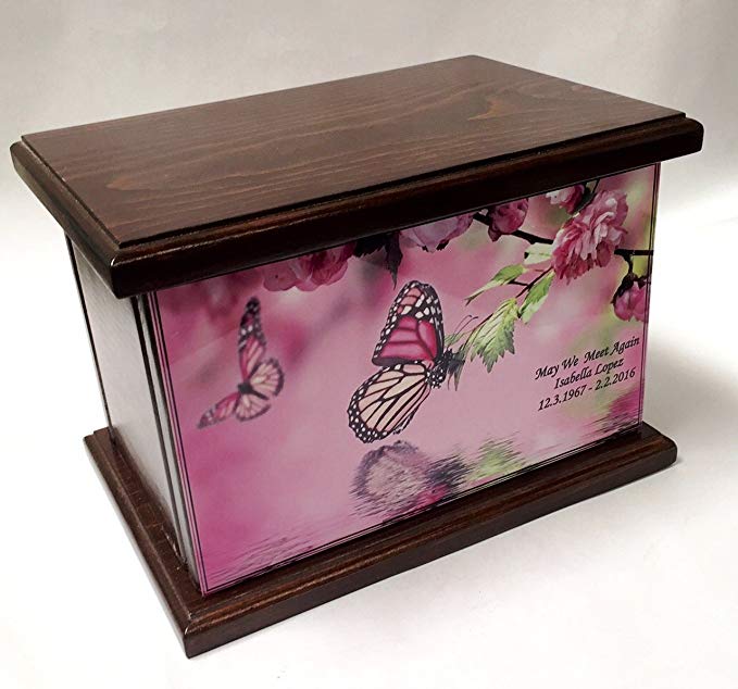 Cremation Urn, Wood funeral Urn, Butterfly and flowers wooden Urn with Engraving