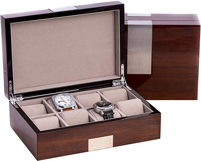 Eight Watch Case Box in High Lacquer Walnut Wood Piano Finish