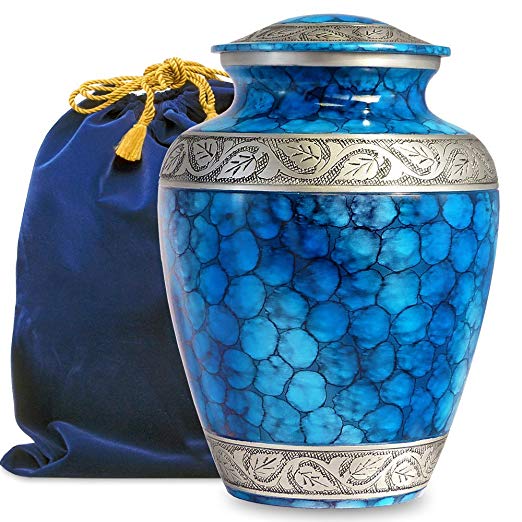 Forever Remembered Classic and Beautiful Blue Adult Cremation Urn for Human Ashes - an Elegant High Quality Large Urn with a Warm, Comforting Classy Finish to Honor Your Loved One - with Velvet Bag